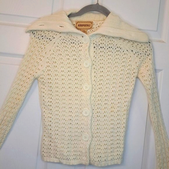 Aeropostale Ivory Open Weave Crochet Button Up Cardigan Size XS - Picture 3 of 5